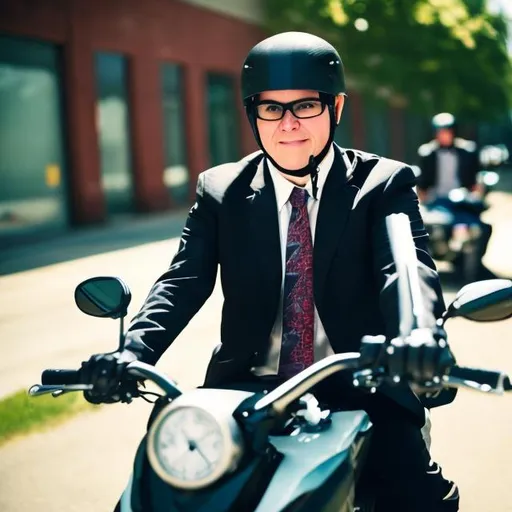 Prompt: Business professor with tatoos riding motorcycle in Canada