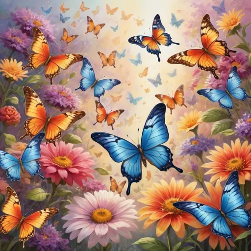 Prompt: The butterfly from earlier is smiling at Charlie, who is now flying gracefully among the flowers. Both butterflies are in mid-air, showcasing their vibrant wings.