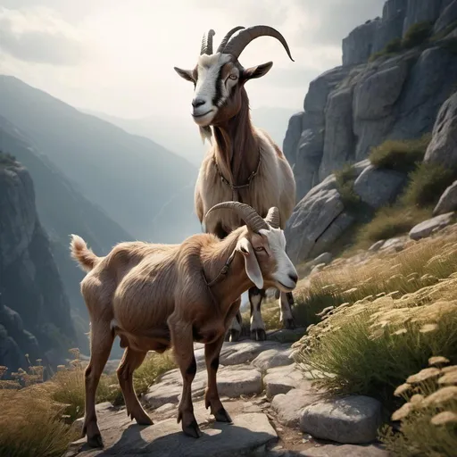 Prompt: In 460 BC, walking through the mystical mountains of Greece. A brown goat rubs its wounded leg against a yarrow plant. The atmosphere is misty, magical, and ethereal, with ultra-realistic details: rocky paths, dramatic light beams piercing through the mountains. Cinematic camera angles: low-angle dramatic shot, wide shot of the vast landscape, close-up of the goat’s leg brushing against the herb, and over-the-shoulder shot showing the man’s awe-struck expression. Deep contrast, film-scene aesthetics, hyper-detailed textures, high resolution, ultra-realistic rendering