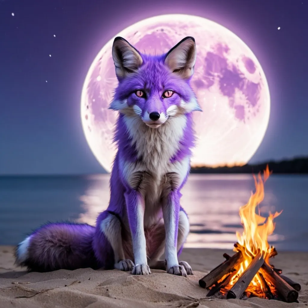 Prompt: 9 tailed purple fox with purple eyes sitting at full moon 
With a camp fire at Lake Michigan beach
