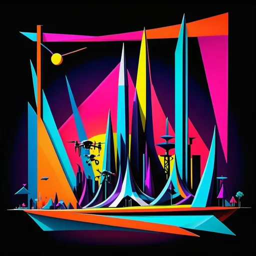 Prompt: a world where ethereal, long semi-transparent 3D shapes hover below and above sparse urban area. civil engineers, land surveyors and drone measuring the area, as these geometric forms defy gravity and add a touch of whimsy to the urban environment. embodying elements of Pop Art, and Cubism styles. Vibrant tetradic colors pop against a black light spot, creating a high-octane energy.