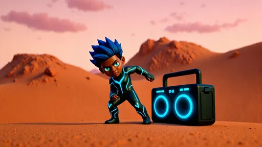 Prompt: @XbBCt9yhIACcYK2ZPUrU stand in a desert land next to big  boom box, Attacking (1)
