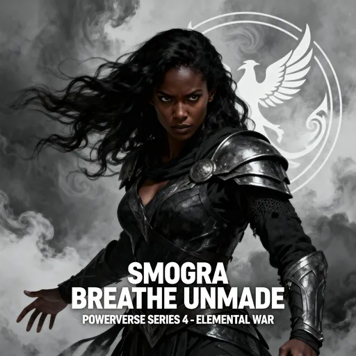 Prompt: This is a digital artwork in a dark, moody, and atmospheric style, depicting a powerful, dark-skinned female warrior with an intense, determined expression. Her skin is a deep, rich brown, and her long, wavy black hair is blown to the side by an unseen wind. She wears dark, armored clothing with intricate textures, including a chest plate and shoulder armor that have a metallic sheen. Her right arm is extended outward, fingers slightly spread, while her left arm is bent at the elbow, close to her body. Her eyes are focused forward with a fierce, almost mystical intensity.

The background is a swirling, cloudy gray, adding to the dramatic and mysterious atmosphere. Behind her, there is a faint, circular, white emblem resembling a stylized wing or feather. The text "SMOGRA BREATHE UNMADE" is prominently displayed in large, bold, white letters at the bottom center of the image. Below this, in smaller white letters, it reads "POWERVERSE SERIES 4 - ELEMENTAL WAR." The overall color palette is dark and monochromatic, with shades of black, gray, and white, emphasizing the somber and powerful tone of the artwork. The image has a high-contrast, almost ethereal quality, enhancing the sense of strength and mystique.