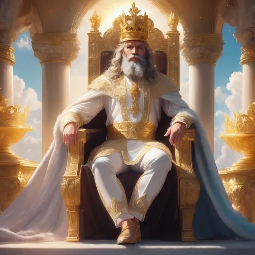 Prompt: (a majestic king seated on a grand throne, surrounded by fluffy clouds), (rhinestone hair and beard sparkling under the sun), (opulent golden crown glistening), gentle sunlight illuminating the scene, dreamy and regal ambiance, ethereal background with soft pastel colors, (highly detailed), (4K quality), capturing a sense of grandeur and fantasy.put two angels by your side