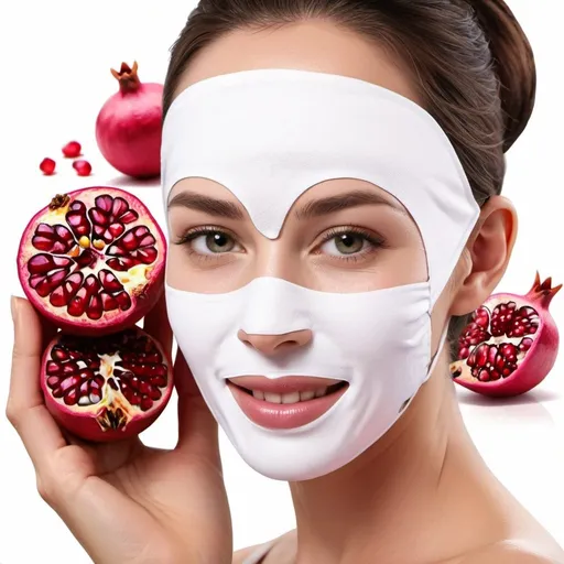 Prompt: Product box art for a spa style facemask designed for firming the skin with a scent of pomegranate for a company that has a theme of happiness and sunshine