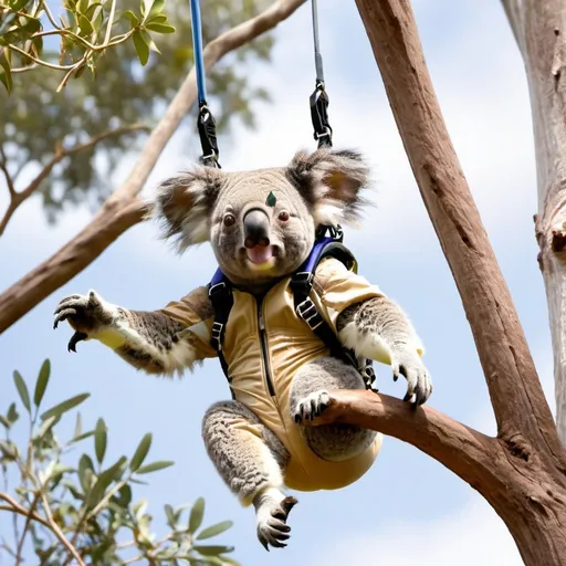 Prompt: koala skydiving into a tree. .wearing a skydiving rig .open canopy both risers up