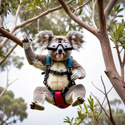 Prompt: koala skydiving into a tree. wearing a skydiving rig .open canopy. both risers up,