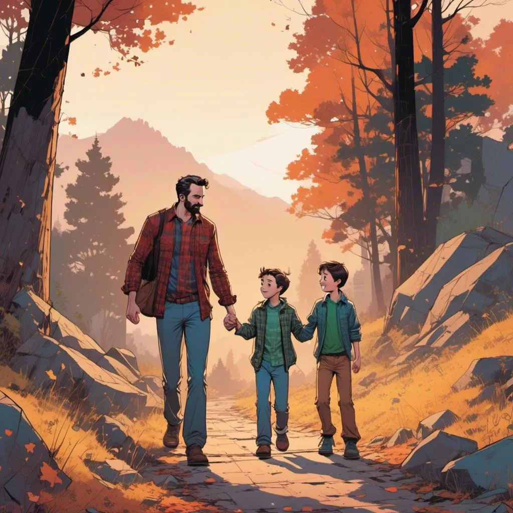 Prompt: <mymodel> father and son walking hand in hand looking at each other. The setting should be in the mountain while camping