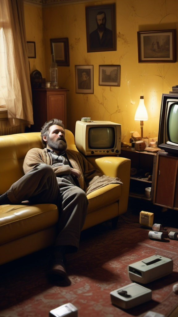 Prompt: A dimly lit yellow room with faded wallpaper, a sick bearded man lying on a worn-out brown sofa, watching an old CRT television with static noise. His face is pale, with dark circles under tired eyes, unkempt beard, and a melancholic expression. Soft shadows, warm muted color palette, scattered medicine bottles and a blanket on the floor. Cinematic lighting, hyperrealistic style, mood of loneliness and despair