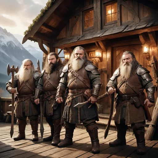 Prompt: Four Middle Earth dwarf warriors (detailed armor), maces and axes in hand, determined expressions, one warrior has a wound in his head from a broken crossbow bolt, standing proudly in front of a rustic inn, warm light glowing through windows, ancient wooden structure, rich textures, earthy tones, cinematic atmosphere, adventure-ready vibe, ultra-detailed, lifelike craftsmanship, epic fantasy setting.