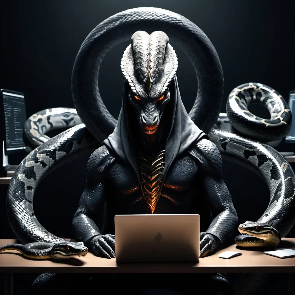 Prompt: Realistic illustration of Sauron as a snake-like figure, surrounded by Python programming developers, laptops with Python logo, tech-themed dark and moody atmosphere, high-quality, realistic, Python developers, snake-like Sauron, laptops with Python logo, dark and moody, tech-themed, realistic illustration, futuristic, highres, intense lighting