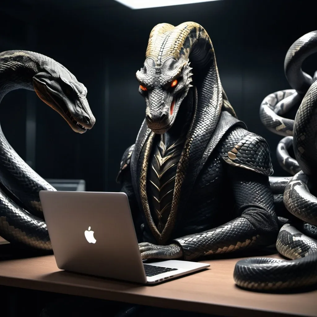 Prompt: Realistic illustration of Sauron as a snake-like figure, surrounded by Python programming developers, laptops with Python logo, tech-themed dark and moody atmosphere, high-quality, realistic, Python developers, snake-like Sauron, laptops with Python logo, dark and moody, tech-themed, realistic illustration, futuristic, highres, intense lighting