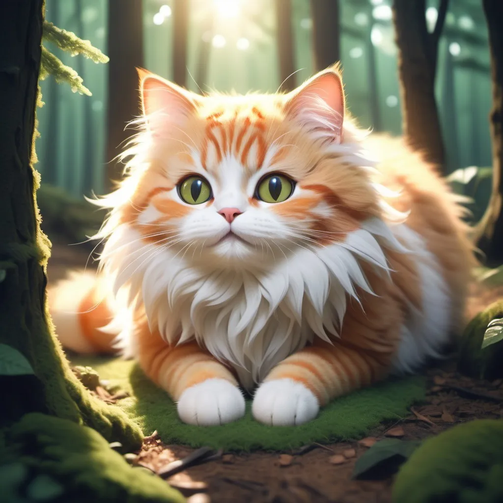 Prompt: A super duper anime cute cat in a forest with fluffy textured round shape glowing laying down joyfully with some trees 