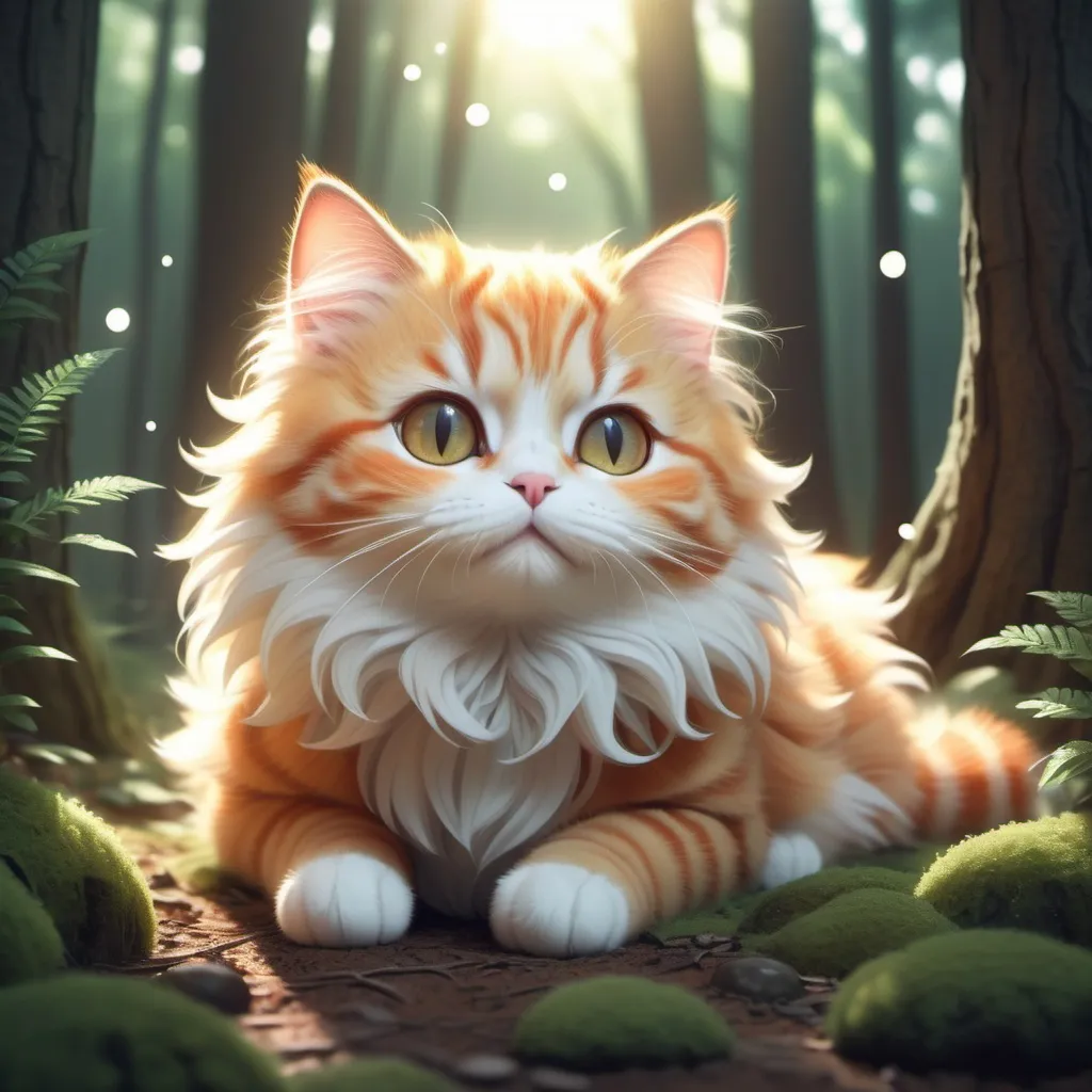 Prompt: A super duper anime cute cat in a forest with fluffy textured round shape glowing laying down joyfully with some trees 