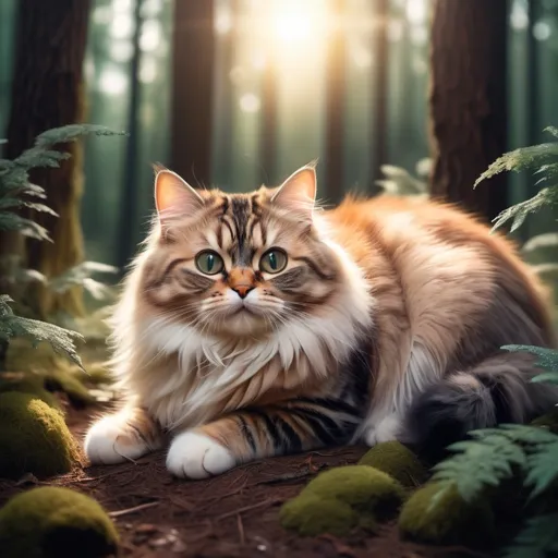 Prompt: A cute cat in a forest with fluffy textured round shape glowing laying down joyfully with some trees