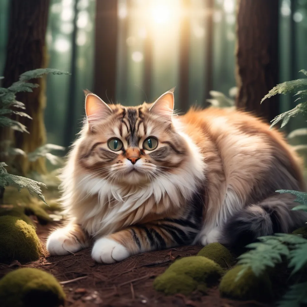 Prompt: A cute cat in a forest with fluffy textured round shape glowing laying down joyfully with some trees