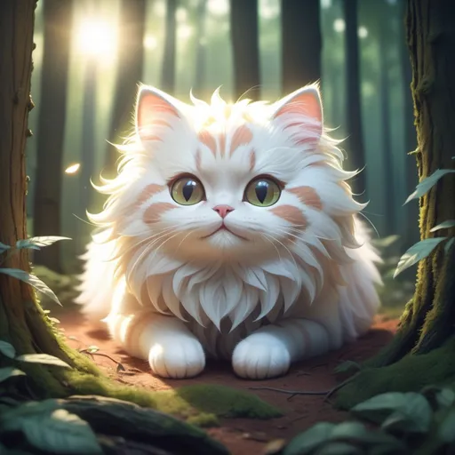 Prompt: A super duper anime cute cat in a forest with fluffy textured round shape glowing laying down joyfully with some trees 