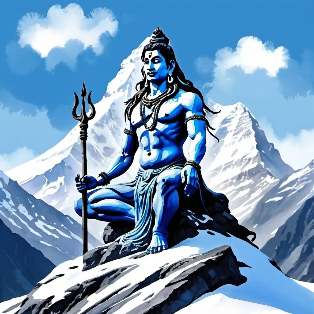 Prompt: digital watercolor painting, Lord Shiva on Kailash Parbat mountain, snow clad mountains in background, black and blue, bold brush strokes, art nouveau