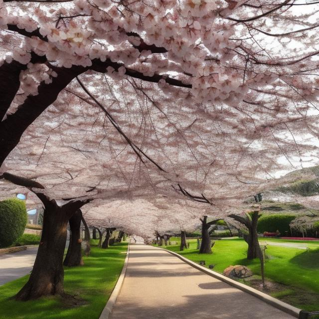 Prompt: a nice picture of a cherry blossom tree that you make unique. it should be a green lawn, a family of 6 where there is a mother and three daughters aged 5 years 7 years 11 years mother is 34 years old. A son who is 13 years old, a father who is 32 years old. The family also has a cavapoo puppy that is 9 weeks old and is completely black