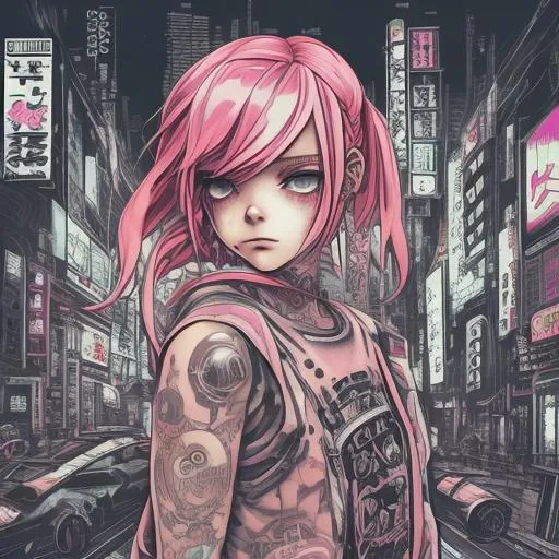 Prompt: tattooed Young woman with pink hair, bangs, braids, wearing a jumpsuit, urban setting, manga art style, dynamic cityscape, high quality, anime, urban, pink hair, braids, manga art style, jumpsuit, detailed eyes, urban setting, Tokyo Ghost style