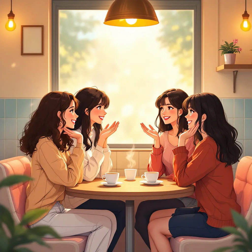 Prompt: Four women having a conversation in a café, illustrated in an anime style. They are seated at a table with coffee cups, smiling and engaged in friendly conversation. The setting is cozy, with warm lighting and a relaxing atmosphere. 