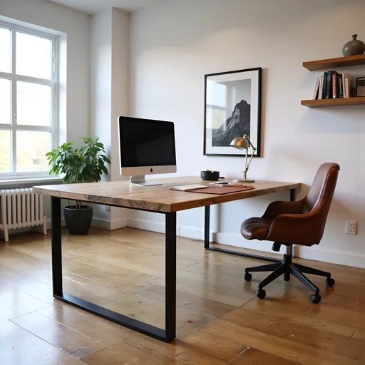 Prompt: Ultra-realistic modern home office interior photography, shot in bright natural daylight streaming through floor-to-ceiling windows on left and behind desk. Prominent L-shaped desk composed of two sections: 72-inch main run extending from left wall and 60-inch return extending forward, meeting at precise 90-degree angle. Both surfaces crafted from 1.5-inch thick rustic grade white oak with live edge characteristics, knots, and authentic grain patterns visible.
LIGHTING: Bright, airy setting with:

Primary light source: Large windows casting soft, directional light across wood surface
Secondary fill: Bright white walls providing natural bounce light
No harsh shadows, maintaining subtle detail in wood grain
Golden hour warmth enhancing oak's natural honey tones

DESK SPECIFICATIONS:

Main run: 72 inches × 30 inches
Return: 60 inches × 30 inches
Precise 1.5-inch thick top throughout
Sharp 90-degree miter joint at corner intersection
Simple 2-inch square tube steel legs in matte black
Legs inset 2 inches from edges
Single steel cross brace at corner junction

Camera positioned at standing height (5 feet) looking down at 30-degree angle to clearly show L-shape configuration and full desk surface. Desk occupies 60% of frame to showcase scale and proportion. White oak desktop should appear bright and naturally illuminated, showing clear detail of grain patterns, mineral streaks, and character marks.
Background elements defocused but recognizable:

White walls
Floor-to-ceiling windows
Modern leather office chair
Minimal floating shelves
Single large-scale black and white photography piece

Desktop styling kept minimal to emphasize wood:

Single monitor on slim arm
Modern task lamp in brushed steel
Small stack of design books
Leather desk pad showing corner configuration

Shot in 8K resolution, focus on maximum photorealism with true-to-life materials and natural lighting conditions --ar 16:9 --stylize 0 --q 2