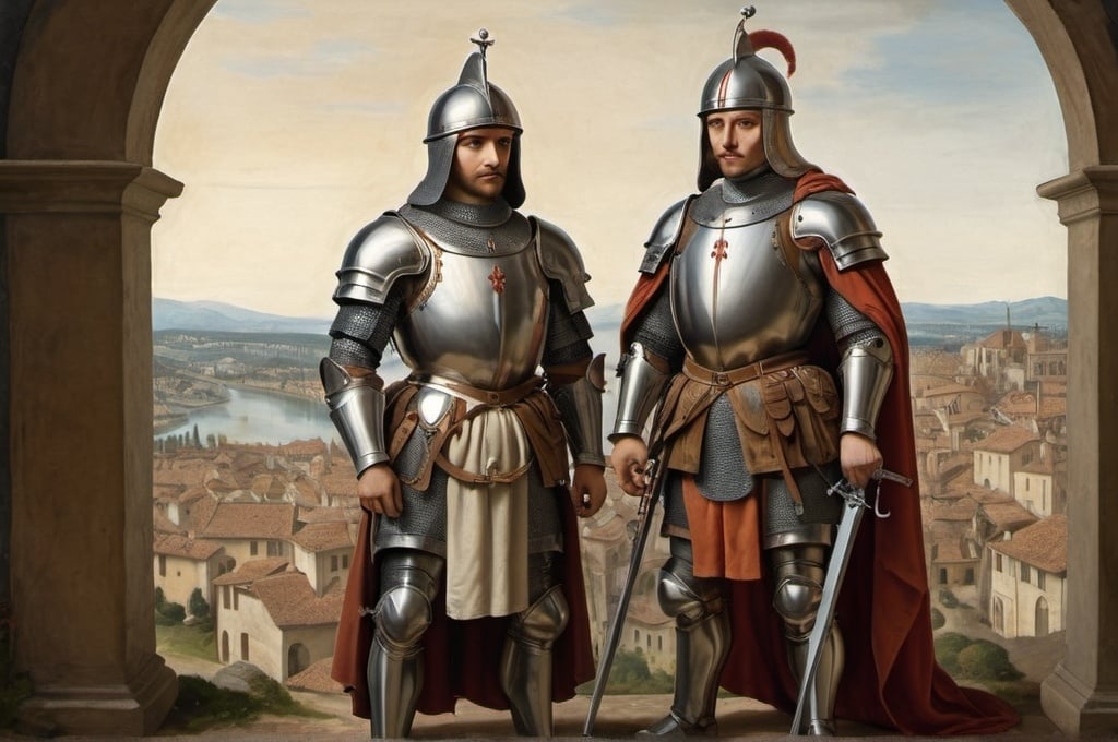 Prompt: Two human Protecting the war in renaissance 