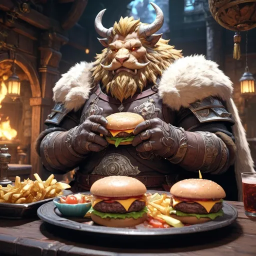 Prompt: Final Fantasy 14 Hrothgar eating hamburger