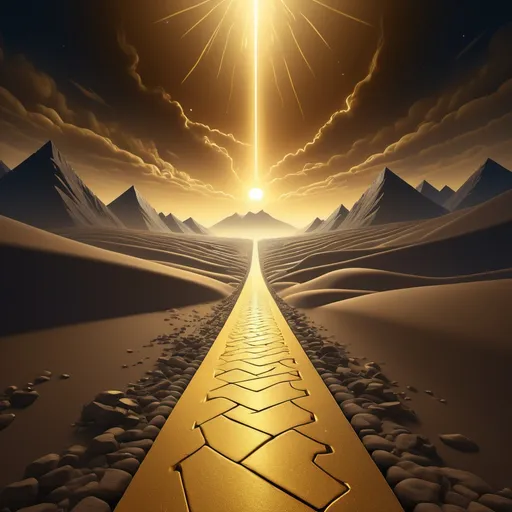 Prompt: Pathway of Gold

	•	A long road leading toward a bright, golden horizon, symbolizing success and the future. Along the path, obstacles could appear (storms, mountains, waves), but the light at the end represents hope, determination, and faith in the universe guiding the way. The road itself could be embedded with faint symbols of faith.



Create in high resolution for NFT art put in a male figure face and in classic colors