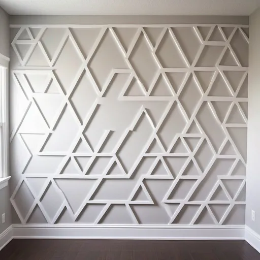 Prompt: 20 feet wall 100 high with all type of geometric trim shapes white painted