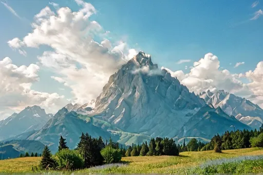 Prompt: A majestic mountain range stands tall in the distance, with a serene landscape of rolling hills and lush greenery in the foreground. The sky is a beautiful shade of blue, with a few fluffy white clouds scattered throughout. The sun is shining brightly, casting a warm glow over the entire scene.