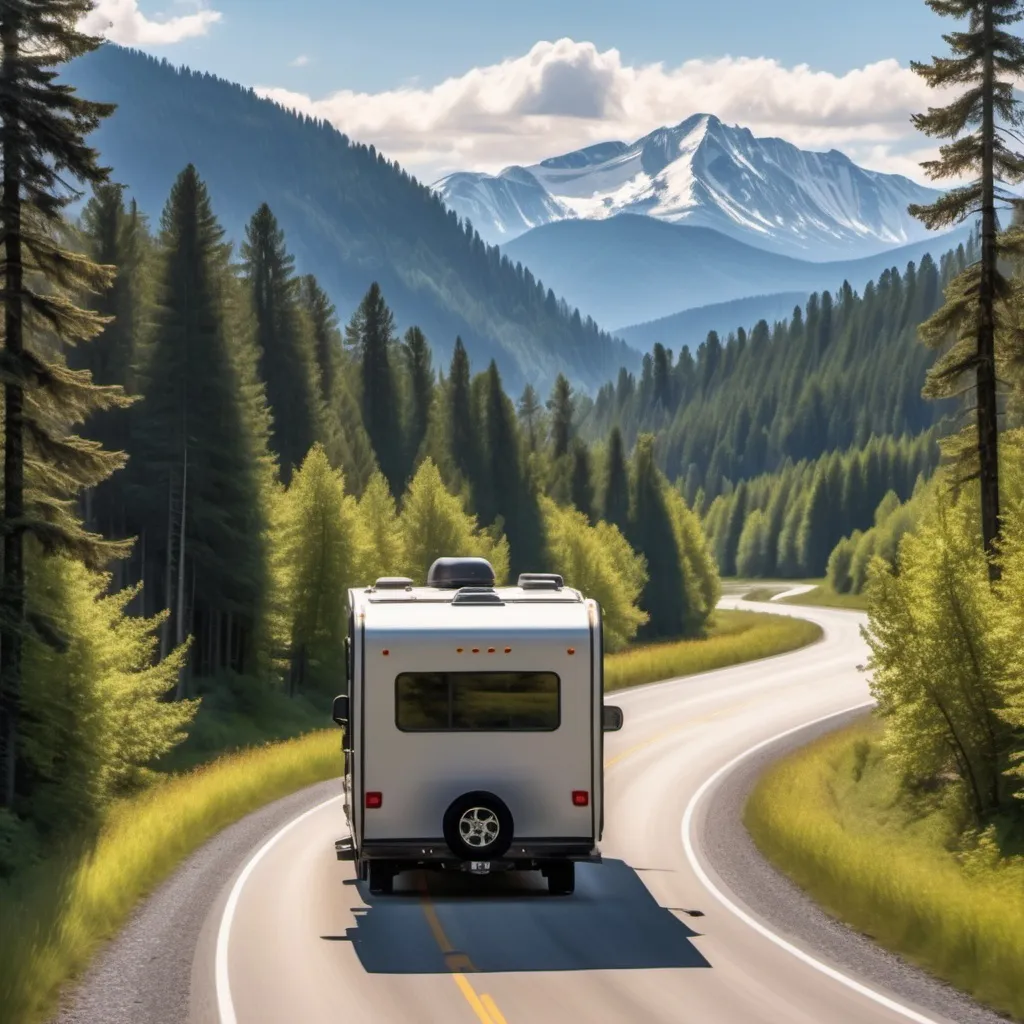 Prompt: Image of an RV driving on a long road into the forest, mountains off in the distance, in the style on Monet