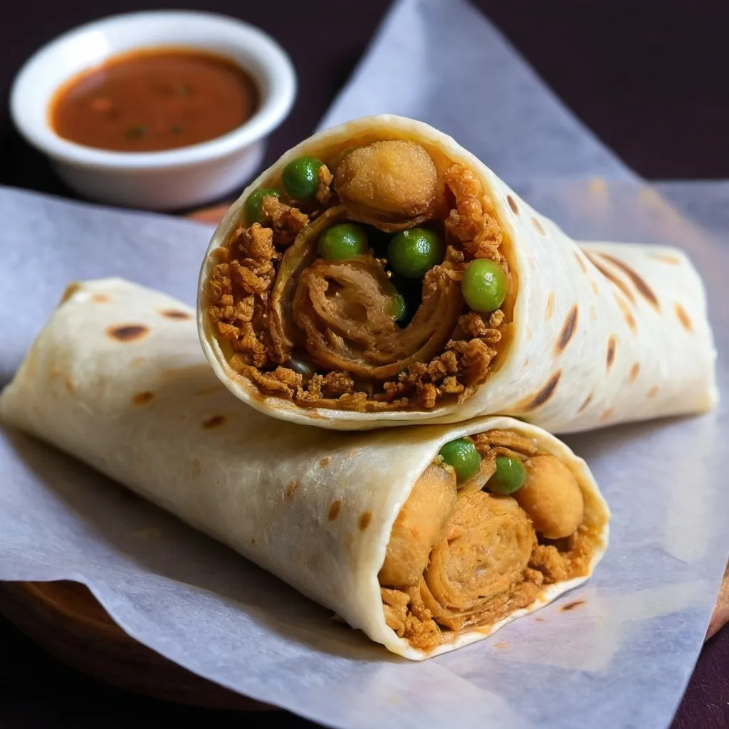 Prompt: a fried wrap fill inside with a soya malai chaap