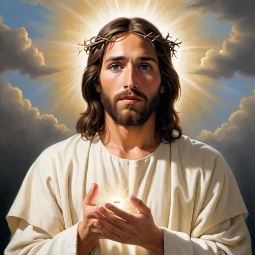 Prompt: Create a beautiful & eye catching picture of Jesus that’s equivalent to Akianne kramarik’s painting of price of peace 