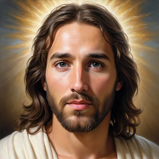 Prompt: Create a beautiful & fixating picture of Jesus that’s equivalent to Akianne kramarik’s painting of price of peace 