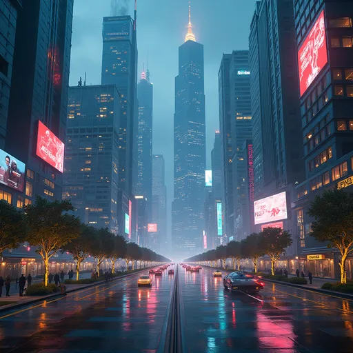 Prompt: A breathtaking futuristic cityscape at night, filled with towering skyscrapers, flying cars, glowing neon lights, and intelligent robots walking on smart roads. The architecture blends sleek glass with cyberpunk elements. The sky glows with holographic billboards, and the atmosphere feels advanced, clean, and hyper-technological. Ultra-HD, photorealistic style, wide-angle view.