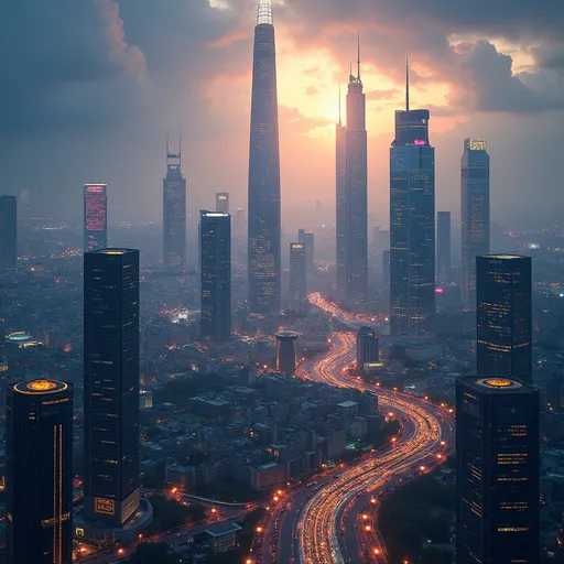 Prompt: The beauty of a developed and futuristic city, and carrying the theme of modern technology and a city full of sophisticated and advanced technology.