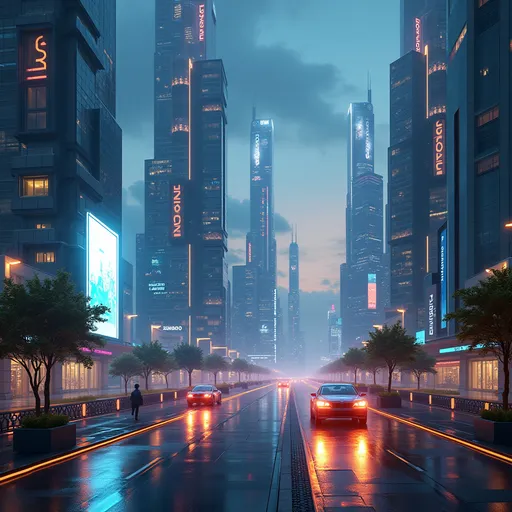 Prompt: A breathtaking futuristic cityscape at night, filled with towering skyscrapers, flying cars, glowing neon lights, and intelligent robots walking on smart roads. The architecture blends sleek glass with cyberpunk elements. The sky glows with holographic billboards, and the atmosphere feels advanced, clean, and hyper-technological. Ultra-HD, photorealistic style, wide-angle view.