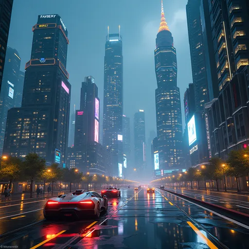 Prompt: A breathtaking futuristic cityscape at night, filled with towering skyscrapers, flying cars, glowing neon lights, and intelligent robots walking on smart roads. The architecture blends sleek glass with cyberpunk elements. The sky glows with holographic billboards, and the atmosphere feels advanced, clean, and hyper-technological. Ultra-HD, photorealistic style, wide-angle view.
