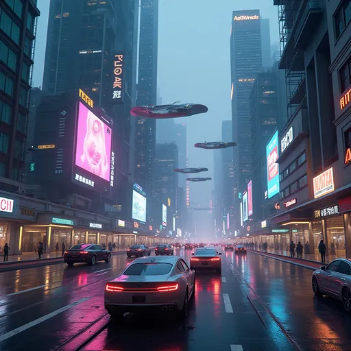 Prompt: A breathtaking futuristic cityscape at night, filled with towering skyscrapers, flying cars, glowing neon lights, and intelligent robots walking on smart roads. The architecture blends sleek glass with cyberpunk elements. The sky glows with holographic billboards, and the atmosphere feels advanced, clean, and hyper-technological. Ultra-HD, photorealistic style, wide-angle view.