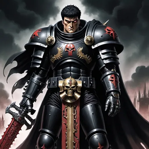 Prompt: Guts from Berserk as a Black Templar space marine from Warhammer 40,000.
Black power Armor, Black Cloak, Dragonslayer Sword, no helmet, scar over right eye, mechanical left arm, Black hair, slain Demon underfoot.