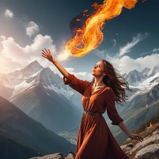 Prompt: a women with fire magic coming from her hand is flying in the air with mountains around her with magical things