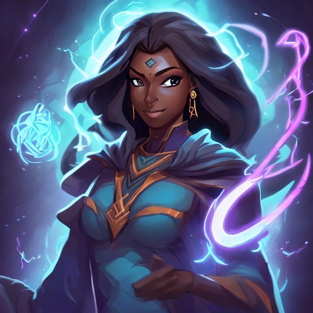 Prompt: An awesome, outgoing, cool and beautiful dark skinned female mage with a wand doing good graphic design