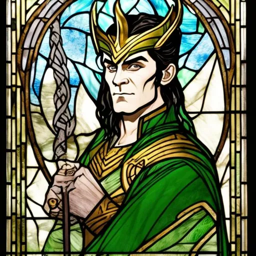 Prompt: art of a norse god loki, detailed, stained glass