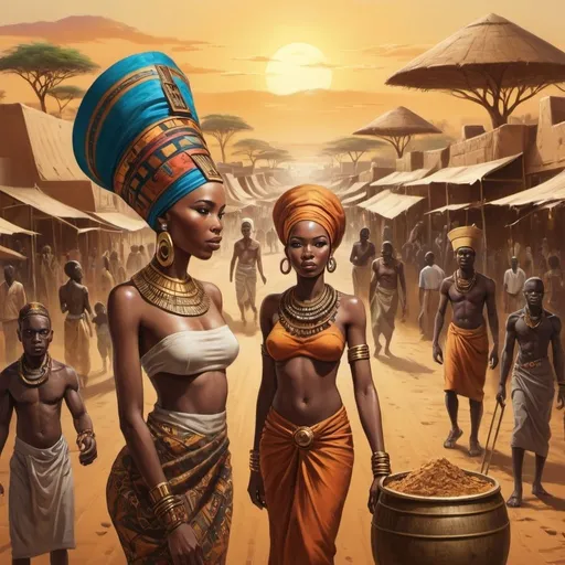 Prompt: Create a vibrant and detailed image that showcases the rich history of Africa. The scene should include key historical elements such as ancient Egyptian pyramids and hieroglyphs, traditional African architecture from various regions, and prominent cultural symbols like masks, drums, and textiles. Incorporate scenes of traditional African markets, historical figures such as ancient African queens and warriors, and landscapes like the Sahara Desert and the Serengeti. The overall composition should reflect the diversity and depth of African heritage, blending elements from different historical periods and regions to create a cohesive and celebratory depiction of Africa's past