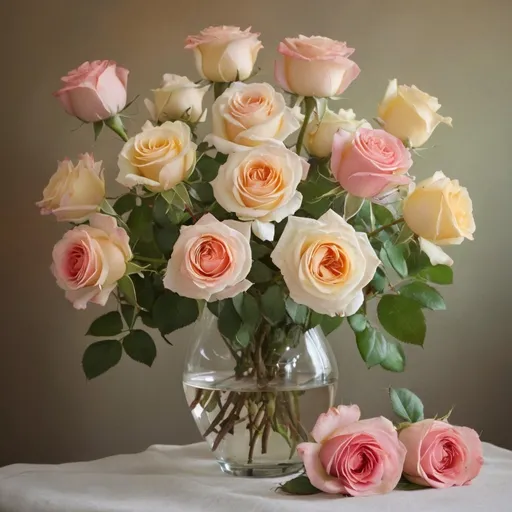 Prompt: Create a beautifully detailed image of a bouquet of roses. The roses should be a mix of vibrant colors such as red, pink, white, and yellow, with lush green leaves. The petals should be delicately textured, showing the natural beauty and elegance of each bloom. Arrange the roses in a classic, elegant style, perhaps in a crystal vase, with soft lighting that enhances the colors and textures of the flowers. The overall composition should evoke a sense of romance and beauty, highlighting the timeless charm of roses