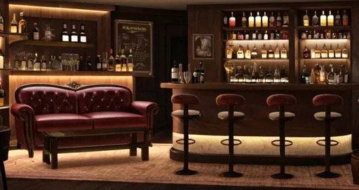 Prompt: A bar, in the back theres a sofa with a coffe table in front of it. In the right side of the imagine there's cocktail bar with its chairs i front. Behind it theres a a piece of furniture for wines, whiskeys, etc.  Improve the perspective and make a more realistic style. Keep the objets in their respectivr places.