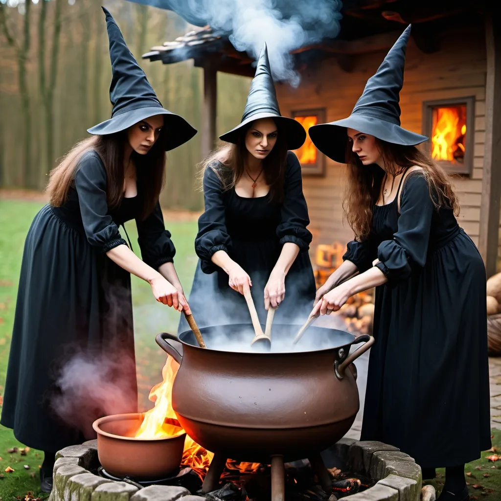 Prompt: three witches stirring a boiling kettle