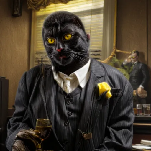 Prompt:  black cat with yellow eyes dressed as a mobster from the New York mafia wearing a black suit acting like Tony soprano 