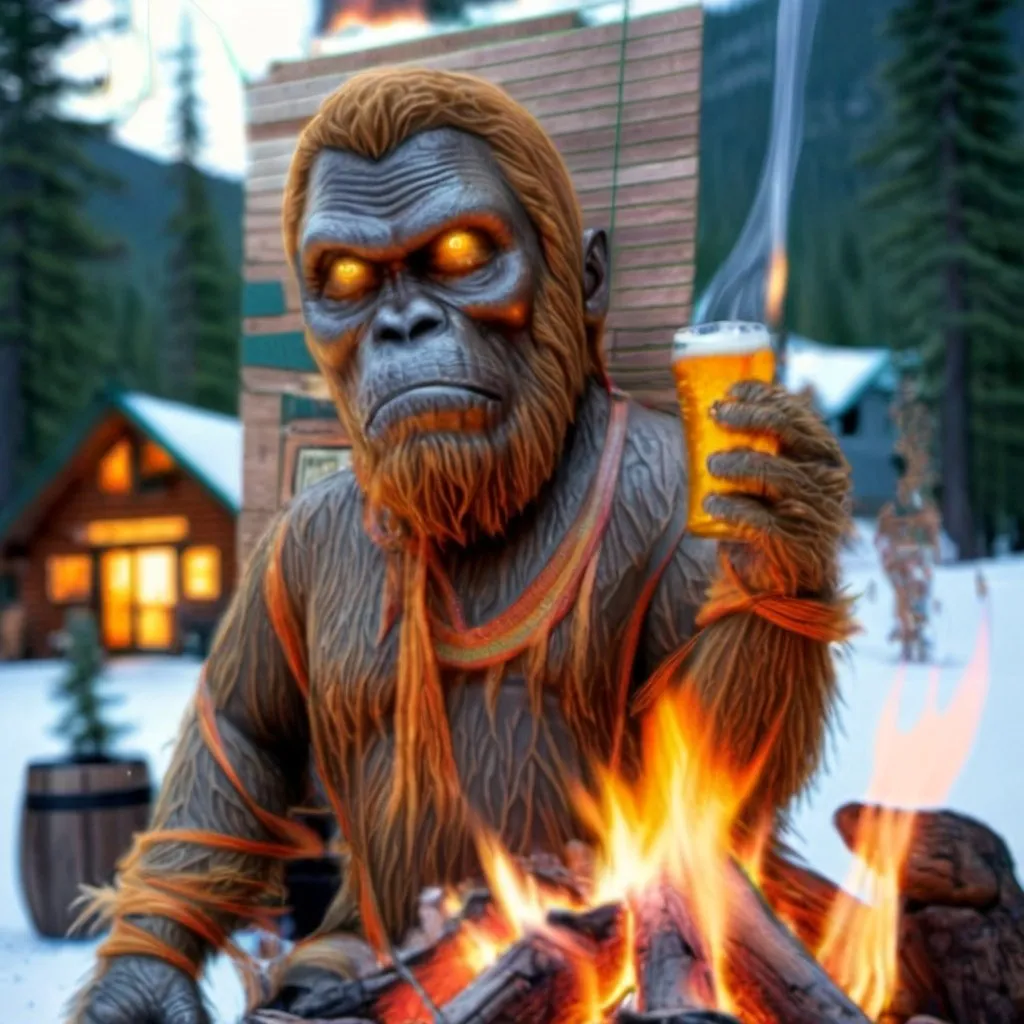 Prompt: Sasquatch drinking a beer by the fire
